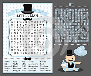 Little man party game first birthday, baby shower Word search puzzle. Cute blue and white vintage.