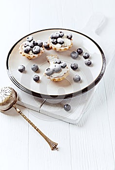 Little mascarpone tart with fresh bilberries on bright wooden background.