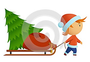 Little men in christmas nat carry tree and bag wit