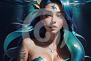 Little mermaid illustration under water