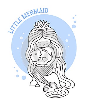 Little mermaid with long beautiful hair, sitting on a rock, holding big fish. Outline illustration for coloring book