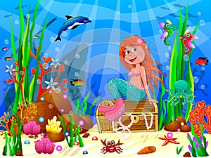 Cute joyful little mermaid in the underwater world 1