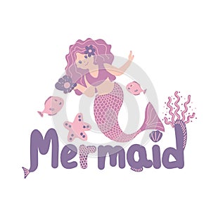 Little mermaid and underwater world. Under water in the sea mythical marine collection. Funny cartoon characters and