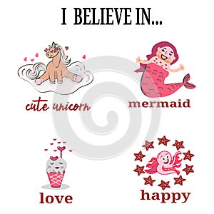 little mermaid ,a unicorn, octopus hand drawn girlish isolated illustration for t-shirts, phone case, mugs, baby shower