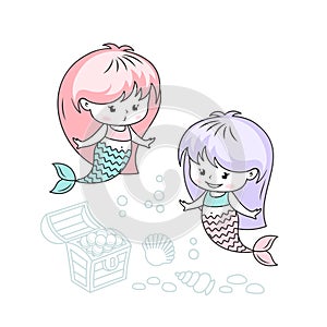 Little mermaids with treasures vector illustration