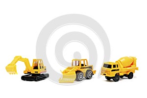 Little mini yellow plastic concrete mixer,excavator tractor,truck lorry,car automobile toy isolated on white background mockup