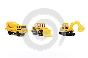 Little mini yellow plastic concrete mixer,excavator tractor,truck lorry,car automobile toy isolated on white background mockup