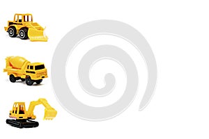 Little mini yellow plastic concrete mixer,excavator tractor,truck lorry,car automobile toy isolated on white background mockup