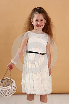 little model girl with long brown hair in designer white dress with belt, military boots full body photo walking.