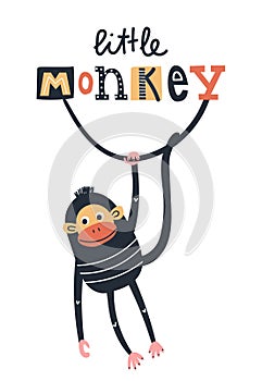 Little monkey - Cute kids hand drawn nursery poster with monkey animal and lettering. Color vector illustration.