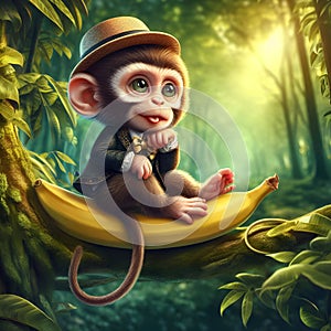 A little monkey in a stylish costums and hat, sitting on a tree with a big banana in a stunning forest, cute, adorable, animal photo