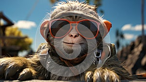 Little monkey in sunglasses on the beach on vacation, close-up face. AI generated