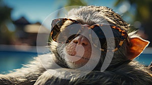 Little monkey in sunglasses on the beach on vacation, close-up face. AI generated