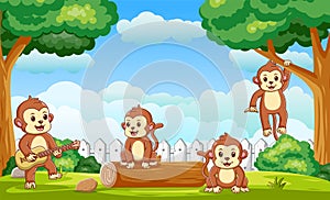 The Little Monkeys Happy in Yard. Vector Cartoon Illustration