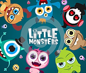 Little monsters vector characters background design. Cute little monster character with text in empty space for message