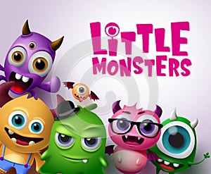 Little monsters vector characters background. Little monsters text with scary and funny monster creatures in white background.