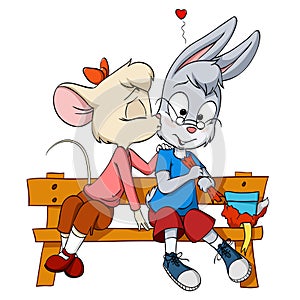 Little mouse female kissing shy rabbit boy