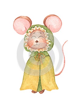 Little mouse in green cloak with hood. Watercolor illustration