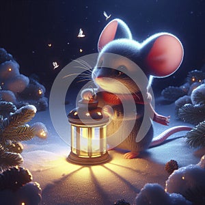 Little Mouse with Lantern Exploring Forest in Winter