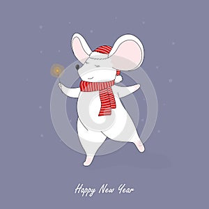 Little mouse in a red santa hat and scarf. Christmas and New Year card, t-shirt composition, handmade vector