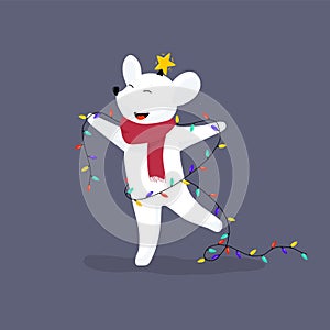Little mouse in a scarf. Christmas and New Year card, t-shirt composition, handmade vector illustration.