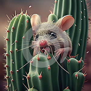 little mouse sits on a cactus and eats