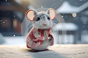 Little mouse on the snow background from generative ai