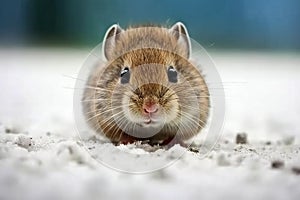 Little mouse is on the snow. Beautiful illustration picture. Generative AI