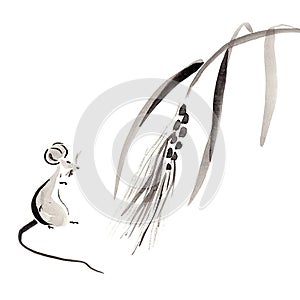 Little mouse and wheat spike. Hand drawn in chinese ink with paper texture. Isolated on white. Inkdrawn collection. Bitmap image
