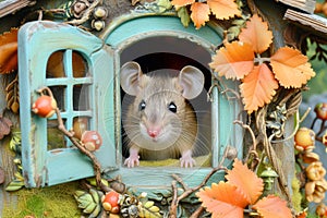 Little mouse in a wooden house on the background of autumn leaves and berries