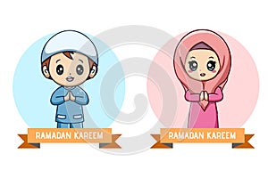 Little Muslim girl and boy at Ramadan Kareem cartoon illustration