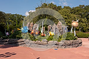 The Little Nemo character statues outside of the Living Seas Pavillion in EPCOT at Walt Disney World