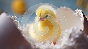 Little new born chick inside eggshell Newborn yellow small chicken. Poultry bird