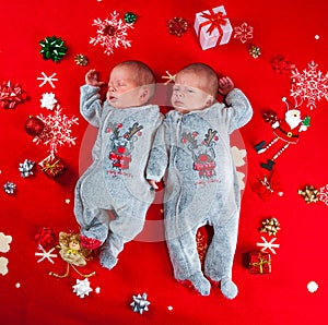 Little newborn baby boys, twin brothers.