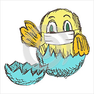 Little newborn baby chick in eggshell with medical protective face mask. Vector kids character. Easter holidays concept during