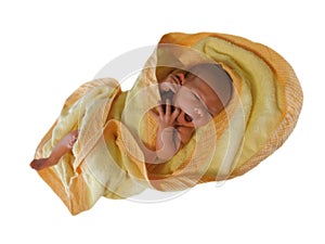 A little newborn baby girl lies in a yellow towel after water procedures