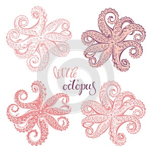 Little octopus. Hand drawn vector illustration, 4 isolated  elements on white background. Perfect for menu decoration, invitation