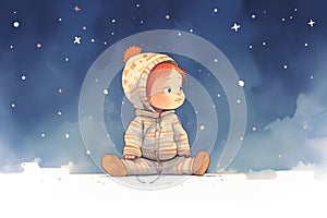 little one in onesie, entranced by snowfall at night