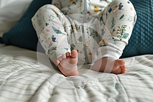 little one in a sleepsuit with feet playing