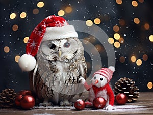 A little owl in a Christmas hat and with a Christmas toy and Christmas decorative balls.