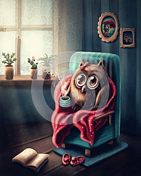 Little owl drinking coffee