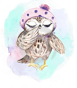 Small owl in a pink cap with a pumpon watercolor illustrtion print to decorate children`s clothing and children`s rooms