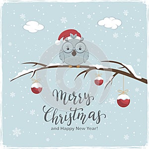 Little Owl with Red Balls and Lettering Merry Christmas on Winter Background