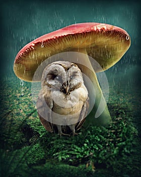 Little owl under mushroom