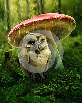 Little owl under mushroom