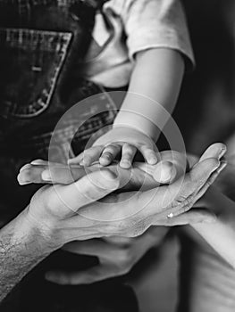 Little palm in the hands of mom and dad. Mom, Dad, Baby. A happy family