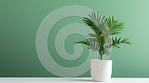 little palm tree in white pot with copy space on green background