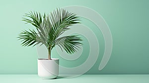 little palm tree in white pot with copy space on green background