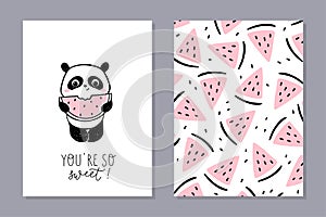 Little panda - set of cards with watermelon. Cute panda character eating watermelon with hand-lettered phrase - you are so sweet.