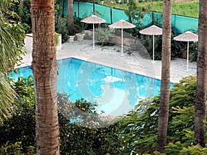 A little paradise. Top view of the courtyard garden of the resort hotel with a small pool surrounded by tropical plants